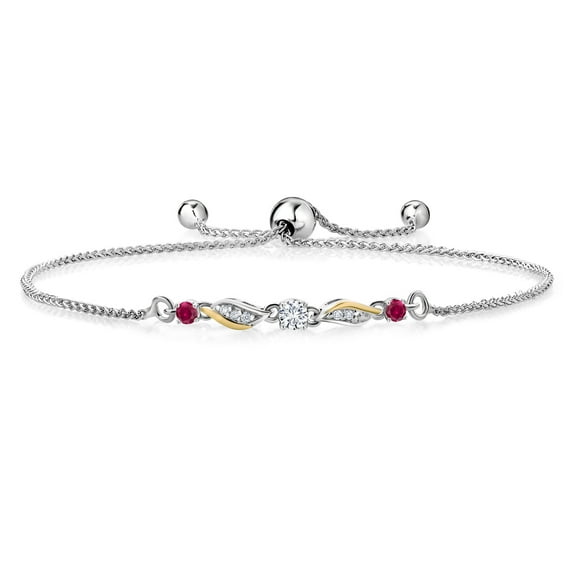 Gem Stone King 925 Sterling Silver and 10k Yellow Gold White Lab Grown Diamond and Red Created Ruby Tennis Bracelet for Women (0.33 Cttw, Gemstone April Birthstone, Fully Adjustable up to 9 inch)