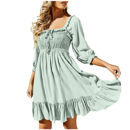 Olyvenn Womens Tunic Mini Babydoll Vacation Dress Drawcord Hollow Open Back Lace-up Smocked Trendy Summer Bubble Sleeve 3/4 Sleeve Prom Dresses for Women Retro Solid Sundress Fashion Green 8