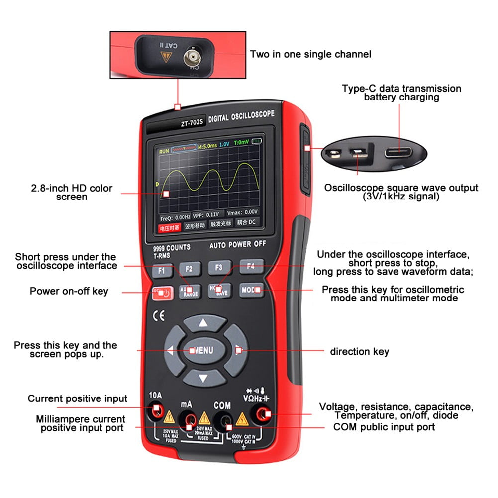 Dreamhall Handheld Oscilloscope, 9999 Counts Digital Multimeter,Dc/Ac Voltage/Current Test,B