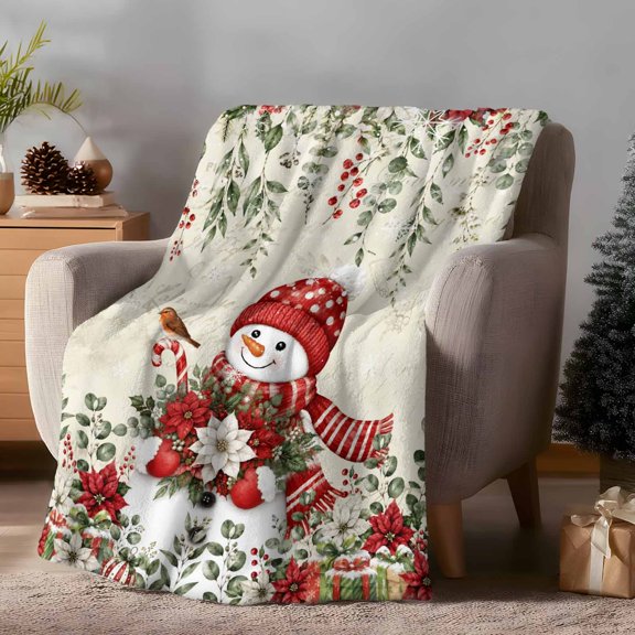 Throw Blanket Fleece Throw Blanket 30x40in, Merry Christmas Flower Snowman Soft Lightweight Bed Blankets Floral Leaves Letter Back Fuzzy Couch Blankets for All Season