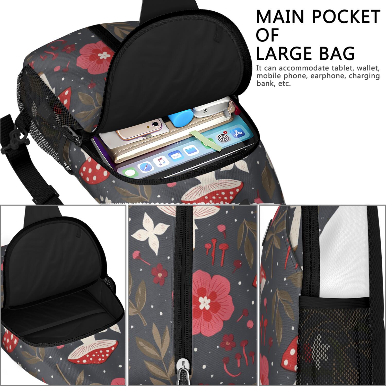 Chest Bag Crossbody Shoulder Bag Crossbody Shoulder BagHiking Sling Backpack for Men Women Travelers Mushroom