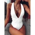 thumbnail image 3 of Hotian Women Plunge V Neck Self Tie One Piece Monokini Swimsuit White M, 3 of 6