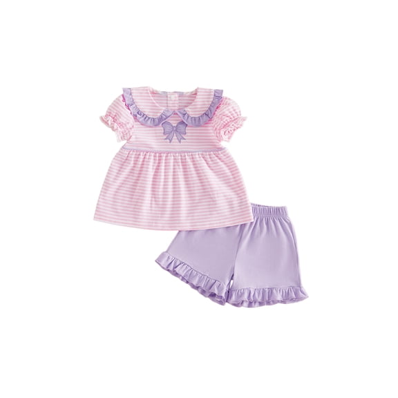 BemeyourBBs Toddler Baby Baby Girl Summer Clothes Infant Baby Girl 2 Pieces Outfit Bow Embroidered Striped Ruffled Trim Doll Collar Short Sleeve Shirt Tops and Shorts Set