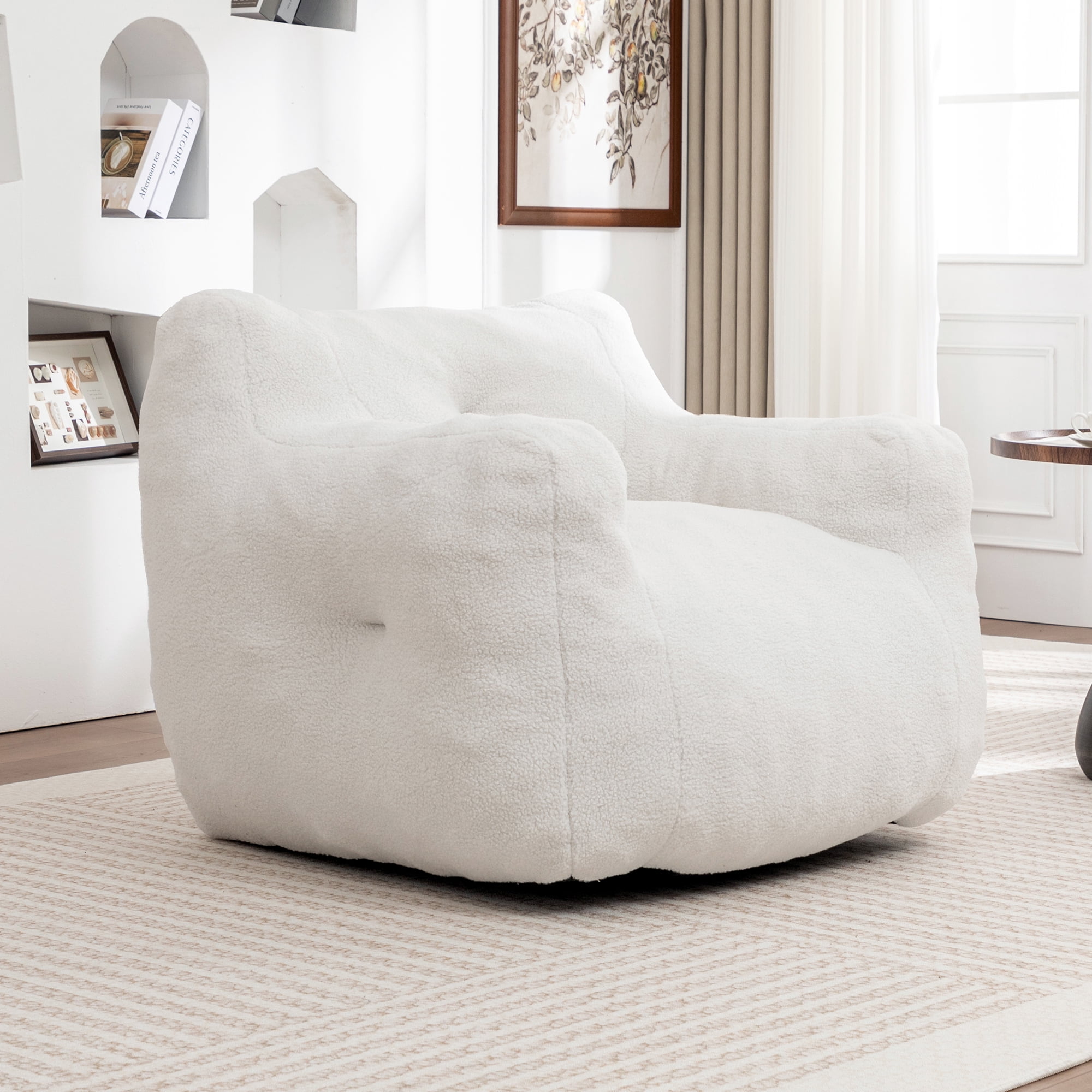 GARITIN Bean Bag Chair, Teddy Faux Fur Filled with High-Density Foam, 37inx 35in x 31.1in, White