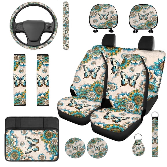 Uorisanigo Butterfly Floral Car Seat Covers Set 14 Pcs Cars Headrest Cover and Steering Wheel Accessories Armrest Cover Auto Seat Belt Pads and Water Cup Pad Wristlet Keychain Fit Most Car SUV