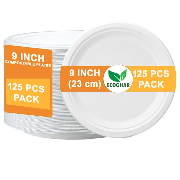 Ecoghar 100% Compostable Sugarcane Bagasse Plates, Heavy Duty Disposable Plates (125 pack) (9 Inch BPA Free) Natural White For Parties, BBQ, Travel & Events