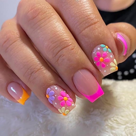 24 Pcs Press on Nails Medium, Summer Flower Fake Nails Glue on Nails, Glossy False Nails with Nail Glue, Acrylic Nails for Women Summer Flower and French 0.04 Fl Oz (Pack of 24)