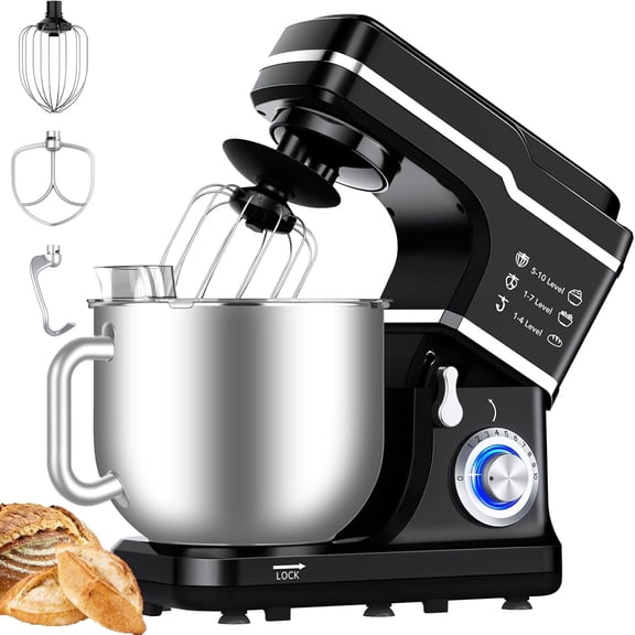 Stand Mixer, 7.5 QT 660W 10-Speed Tilt-Head Electric Food Mixer, 3-in-1 Kitchen Mixer with Stainless Steel Bowl and LED Light, Dough mixer for Baking Household Use, Black