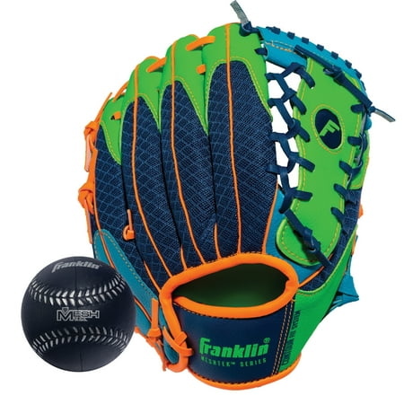 UPC: 0025725419265 | Franklin Sports Meshtek Teeball Fielding Glove with Ball – Left Hand Throw – 9.5 – Navy/Lime/Orange