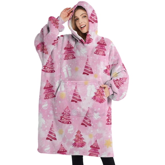 Oversized Wearable Blanket Hoodie,Pink Christmas Tree Pattern Sherpa Blanket Hoodie with Super Pockets,Super Warm Fuzzy Pullover for Women & Men