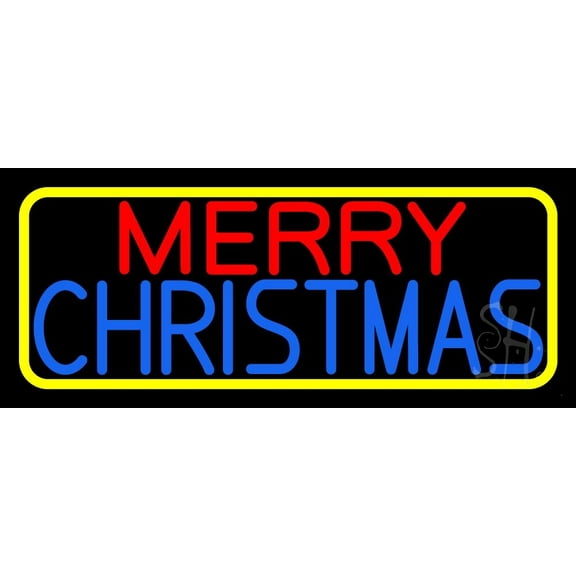 Merry Christmas Yellow Border LED Neon Sign 10 x 24 - inches, Clear Edge Cut Acrylic Backing, with Dimmer - Bright and Premium built indoor LED Neon Sign for special occasion decor.