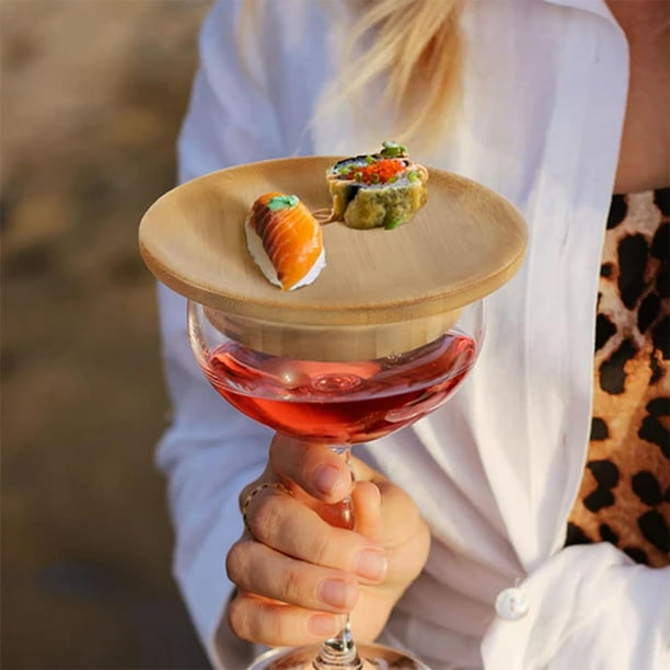 2/4/6 Uds. Platos de cristal para aperitivos cubiertas de copa de vino de bambú madera