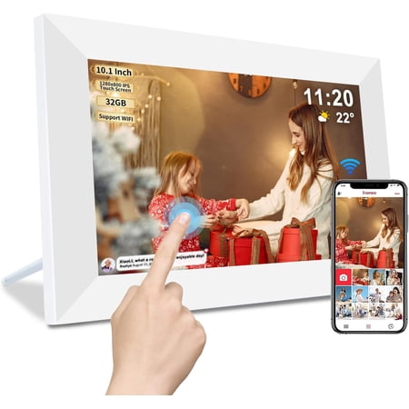 Frameo 10.1 Inch Smart WiFi Digital Photo Frame Digital Picture Frame Wi-Fi with 32GB Storage & SD Slot Electronic Picture Frame IPS Touch Screen with Auto-Rotate Frameo Digital Frame WiFi -White