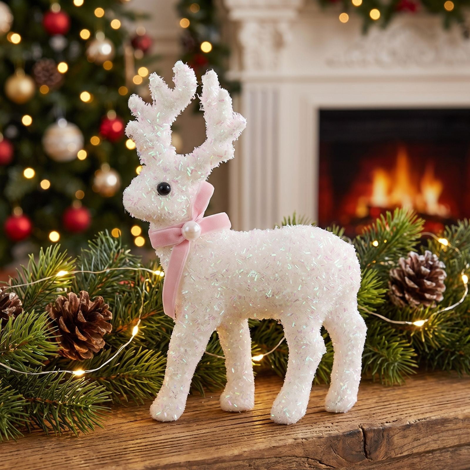 Christmas Reindeer Tabletop Decor, Glitter Standing Deer Figurine with Velvet Bow and Bells, Sparkly Holiday Ornament for Mantel, Tiered Tray, Window Sill and Xmas Party Centerpiece