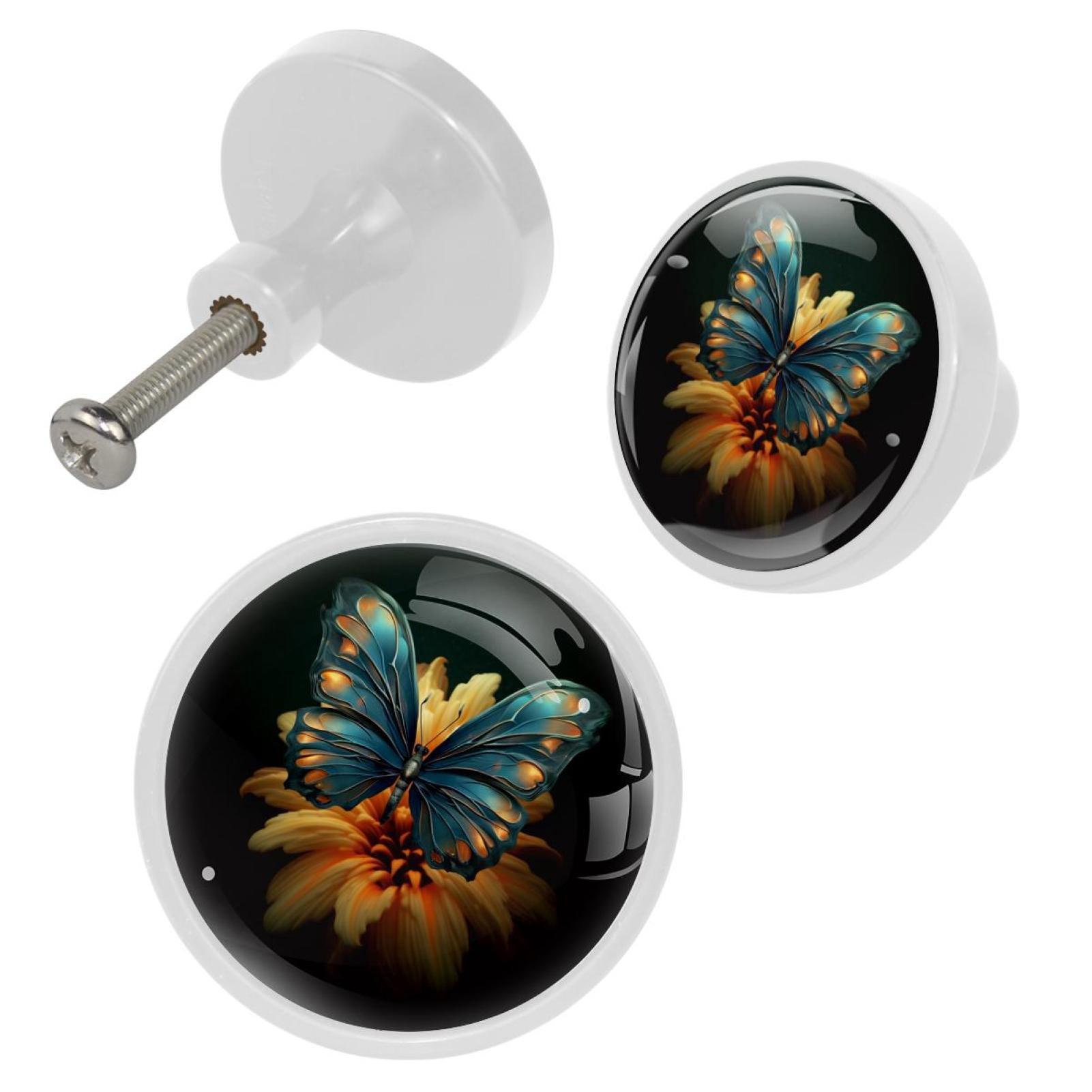 HemaKayy 4 Pack 1.3" Decorative Cabinet Knobs - Add Elegance to Your Handles and Pulls for Home, Kitchen, Furniture Decor - Unique and Exquisite Design - Turquoise Blue Butterfly Lily Flower