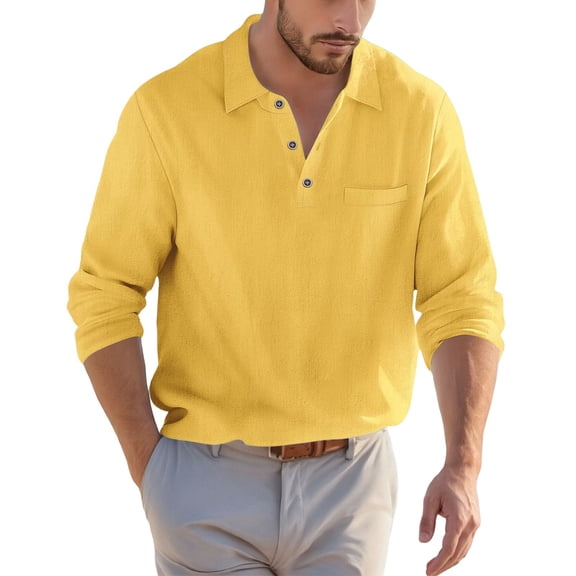 IWRICH Men's Linen Long Sleeve Polo Shirts Loose Fit Button up Holiday T Shirts Solid Color Casual Comfy Beach Tops Yellow XL