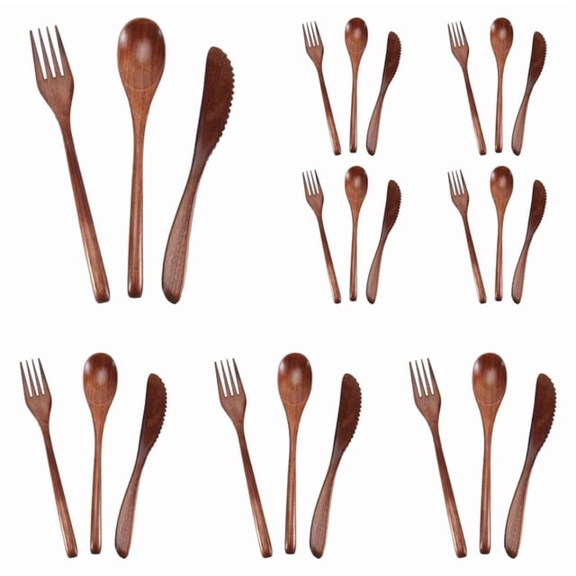 Cuchara de Madera Tenedor Cuchillo Juego Cubiertos Utensilios para Cena Cocina (24 Piezas)