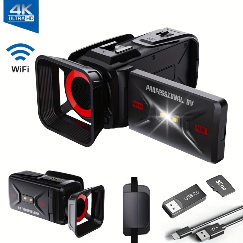 4K Video Camera Camcorder, 64MP with 3" 270° Flip Screen, 18X Digital Zoom, WiFi And Webcam for YouTube, 32GB SD Card, Built-in Rechargeable 2500mAh Battery