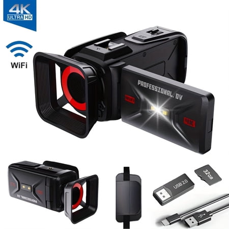 4K Video Camera Camcorder, 64MP with 3" 270° Flip Screen, 18X Digital Zoom, WiFi And Webcam for YouTube, 32GB SD Card, Built-in Rechargeable 2500mAh Battery