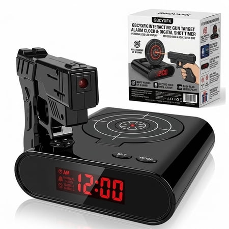 Gun and Target Alarm Clock with Gun Shooting Game Digital Shot Timer Alarm Clock Interactive Wake You Shoot Personalized LED Display Bedside Kids Adults Fun Gift Bedroom Office