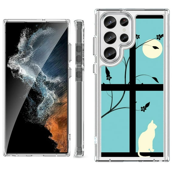 Shockproof Bumper Phone Case for Samsung Galaxy S23 Ultra 5G, by OneToughShield ® - Moon/Cat