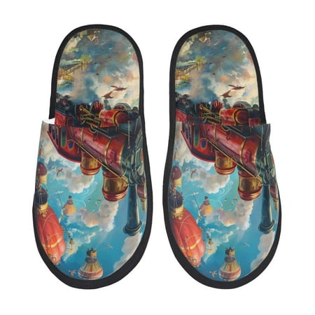 Balery Beautiful Red Train Hot Air Balloon Slient Indoor Furry Fleece Comfort House Shoes Soft Non-Slip Home Shoes Cotton slippers House Slippers-- Medium