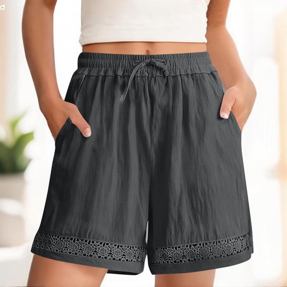 KIHOUT Women's Linen Cotton Blend Elastic Waist Drawstring Shorts Lace Trim Casual Summer Shorts For Daily Beach Wear