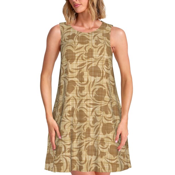 Fotbe Brown Flowers Vestido de Verano sin Mangas para Mujer – Vestido Midi Línea A, Estilo Camiseta Floral, Vestido Playero Casual y Fluido
