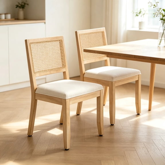 Farmhouse Rattan Dining Chairs Set of 2 in Beige with Solid Wood Frame