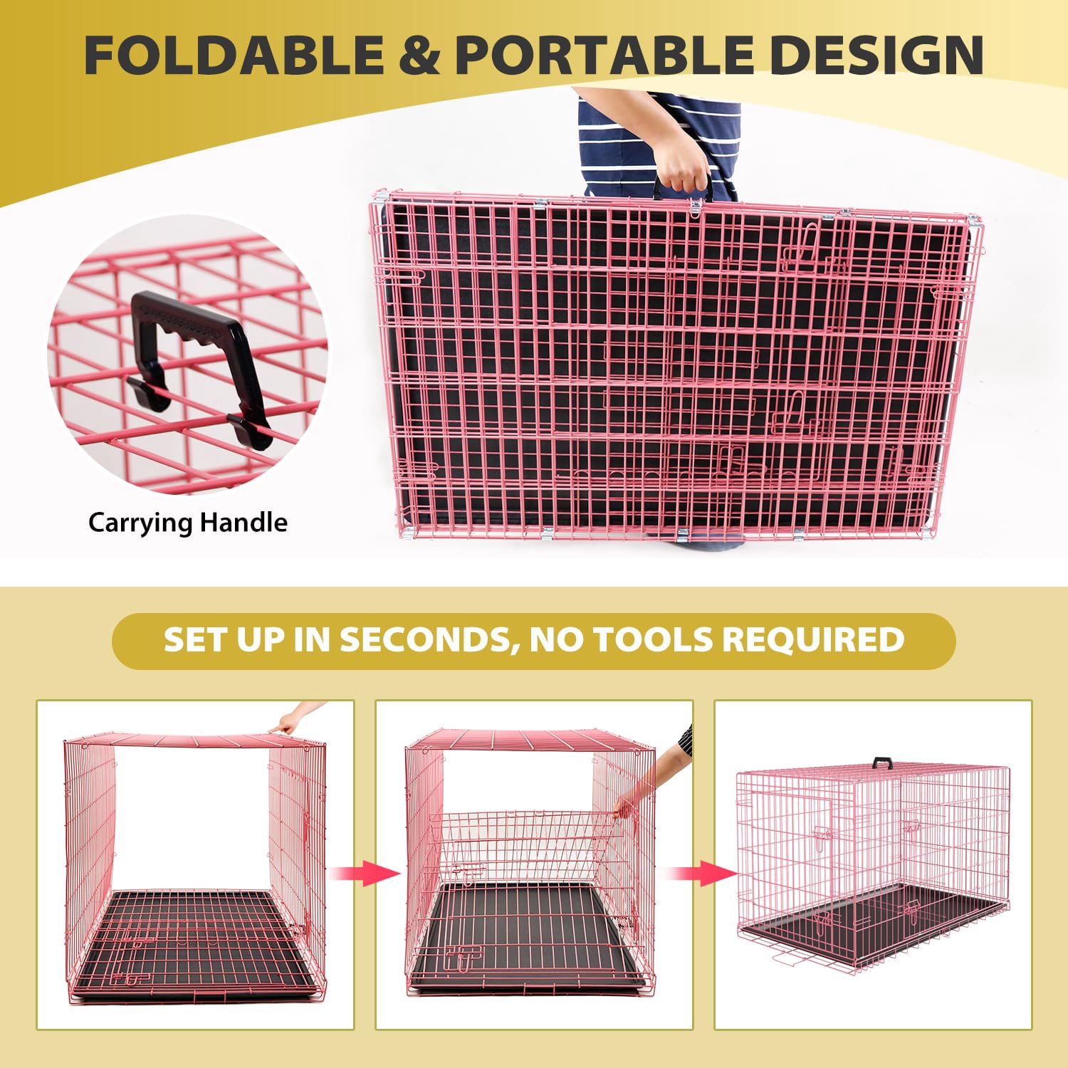 BORGEBY 48 Inch Dog Crates for Large Dogs Folding Metal Wire Crates Dog Kennels Outdoor and Indoor Pet Dog Cage Crate with Double-Door,Pink