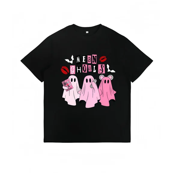Mean Ghouls Halloween Unisex T‑Shirt, Cute Pink Ghost Bat Graphic Print, Vintage Streetwear Loose Fit Crewneck Short Sleeve,Women Halloween T shirts