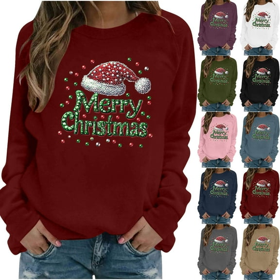 Brondbend Christmas Women's Sweatshirt Pullover Sweatshirts for Women Crewneck Long Sleeved Top Printed Soft Stylish Loose Fit Tops Lady Birthday Fall Winter Clothes Army Green