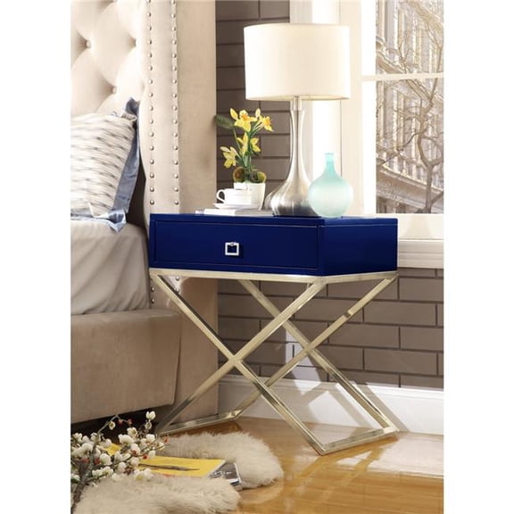 Posh Living Brianna 1-Drawer Nightstand with X-Metal Legs in Navy Blue/Gold