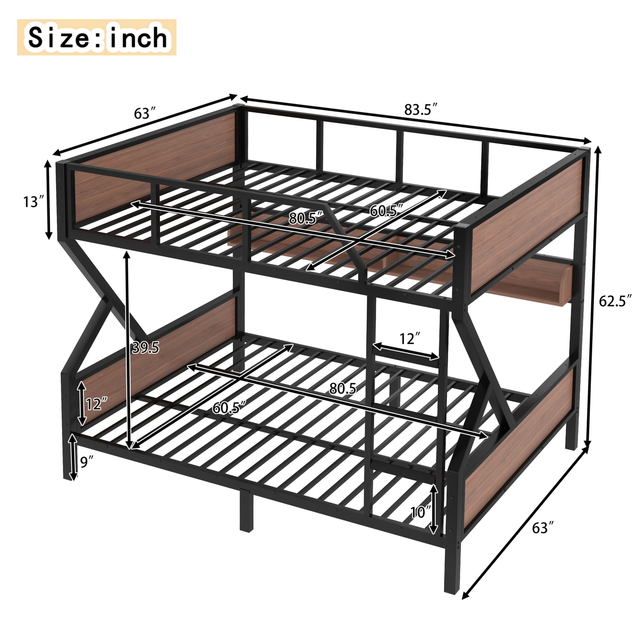 Noble House Queen over Queen Metal Bunk Bed with Storage Shelves and LED Lights, Black