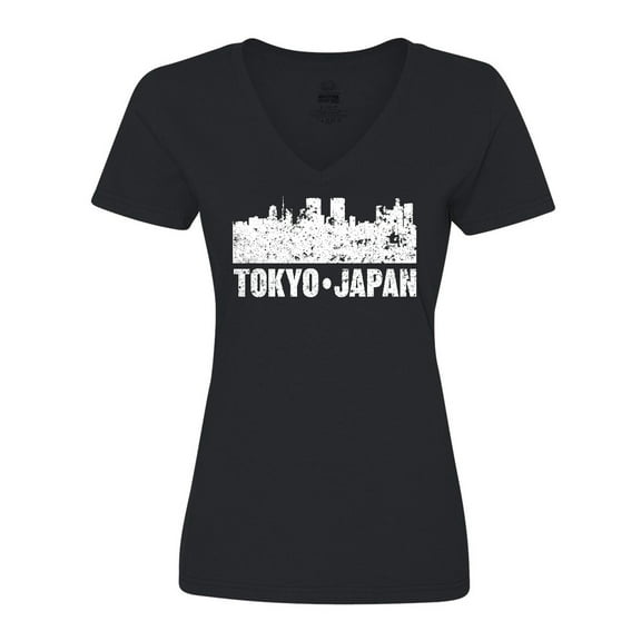 Inktastic Tokyo Japan City Skyline with Grunge Women's V-Neck T-Shirt