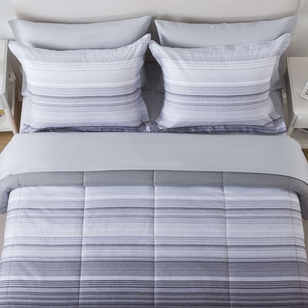 MAINSTAYS ALL IN ONE REVERSIBLE COMFORTER AND SHEET SET, 7-PIECE, FULL, GRAY STRIPE