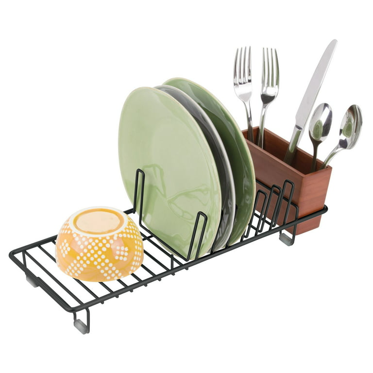 Black/Cherry Compact Metal/Bamboo Kitchen Sink Dish Drying Rack by mDesign