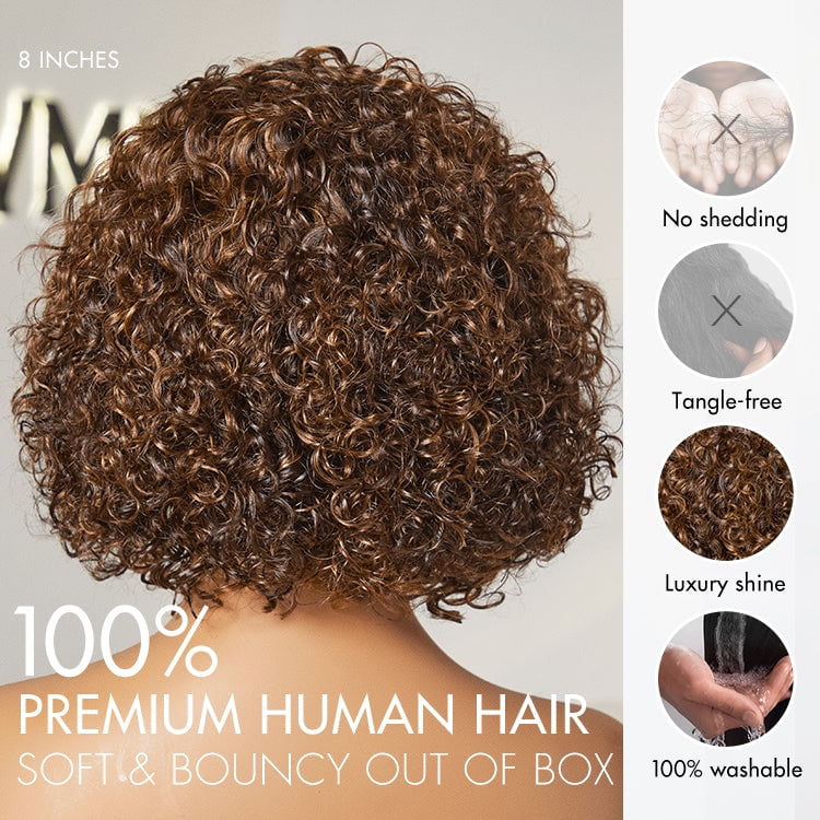 LUVME 8" Brown Highlight Short Cut Slicked Back Deep Curly Ear-to-ear Wide T Lace Wig for Women