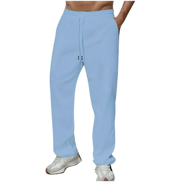 Fmbrln Mens Fashion Solid Color Pants Elastic Waist Drawstring Straight Breathable Trousers Summer Casual Beach Linen Pants with Pockets