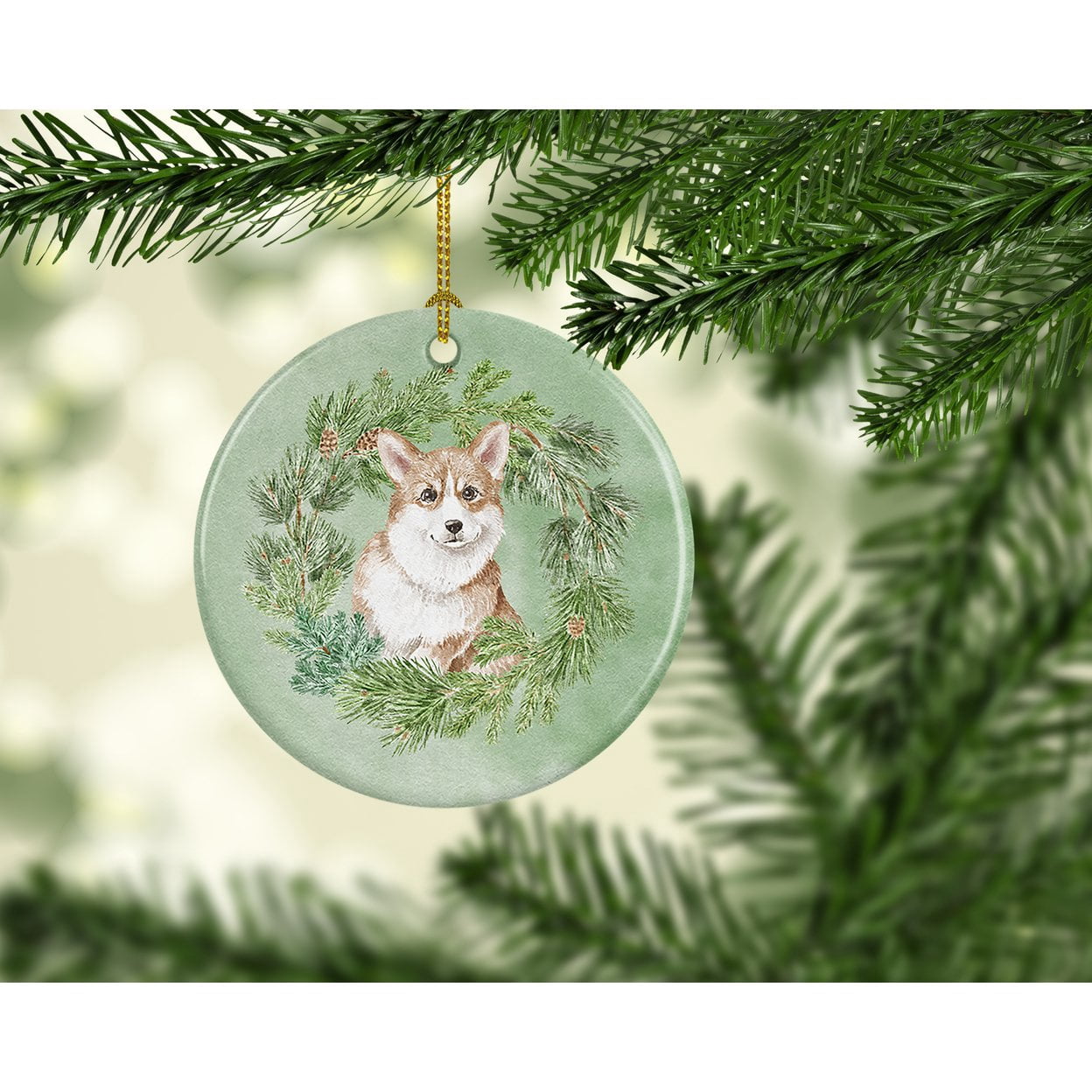 Corgi Red Christmas Wreath Ceramic Ornament 2.8 in x 2.8 in