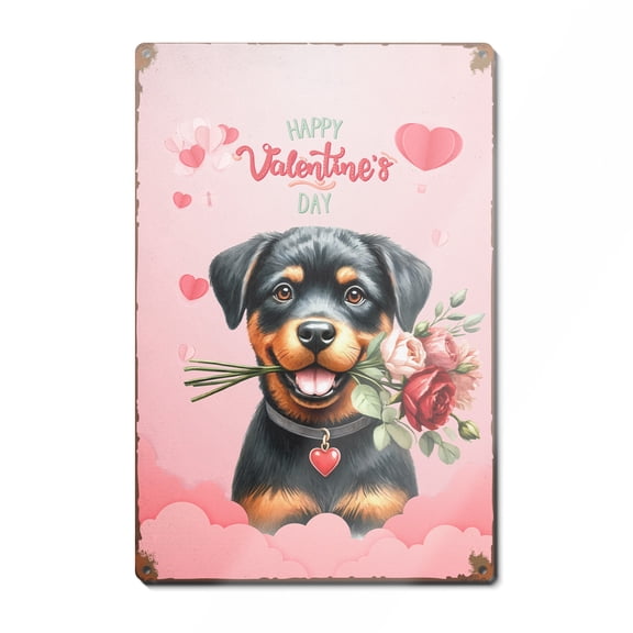 Happy Valentine's Day Rottweiler holding flowers Vertical Metal Aluminum Sign Rottie Dog Lover Gifts Idea Wall Art Home Decor - 3005