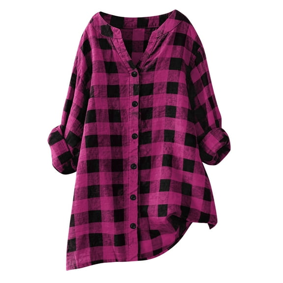 BXINGOHAI Plaid Shirts for Women Casual Button Down Flannel Shirt Roll Up Long Sleeve Checkered Blouse Tops Hot Pink 2XL