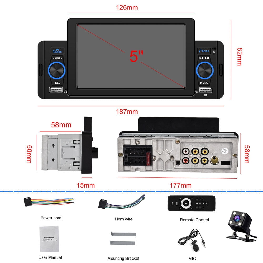 Podofo  5'' Touch Screen Car Stereo Radio with Apple Carplay Android Auto Mirror Link HD Car MP5 Multimedia Player Bluetooth USB FM Audio Receiver USB, Backup Camera