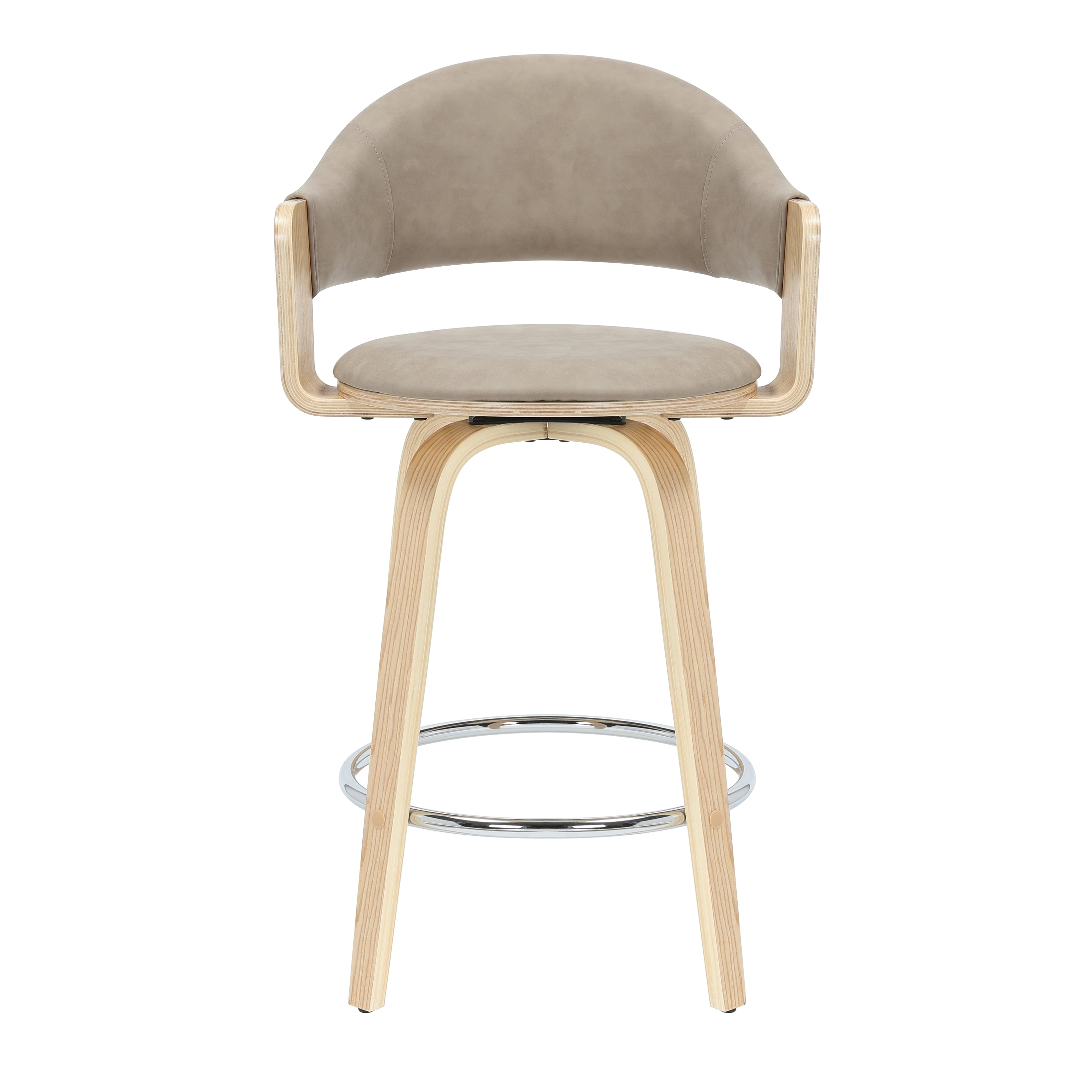 Daxton 36 in. H Swivel Counter Height Vintage Taupe Round Back Wood Bar Stool with Faux Leather Seat