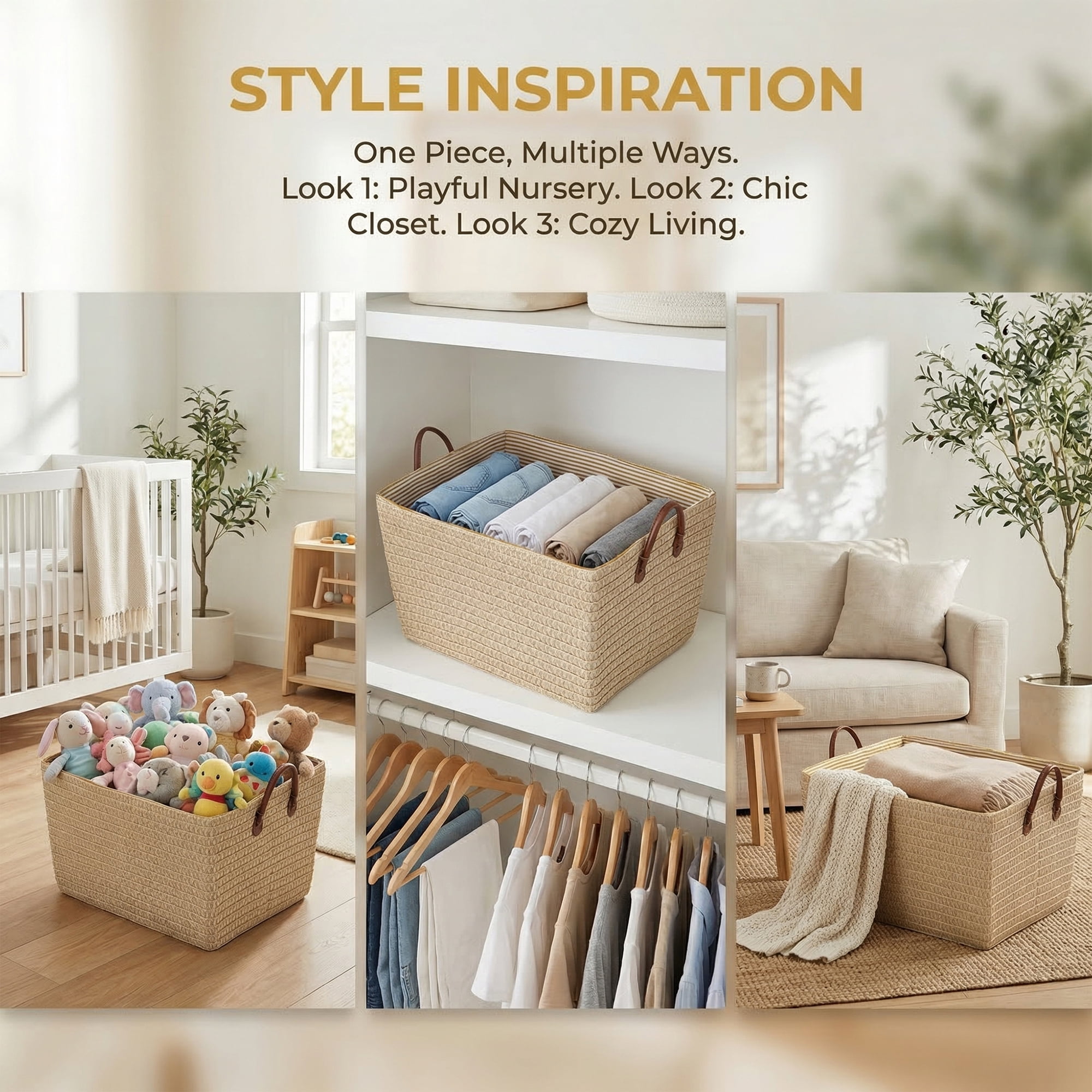 Unique Bargains Good-quality Woven Shelf Closet Storage Bin Light Brown 17.7*13.8*9.8in