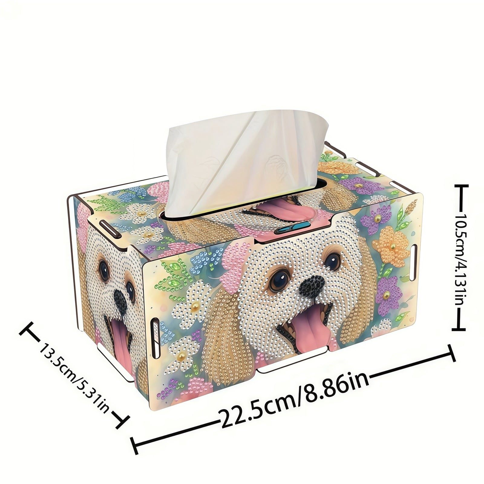 FLOPESN DIY Diamond Art Painting Wooden Assembly Paper Box, 8.86*5.31in, Creative Design Table Decor Rectangular Paper Towel Storage Box-Puppy