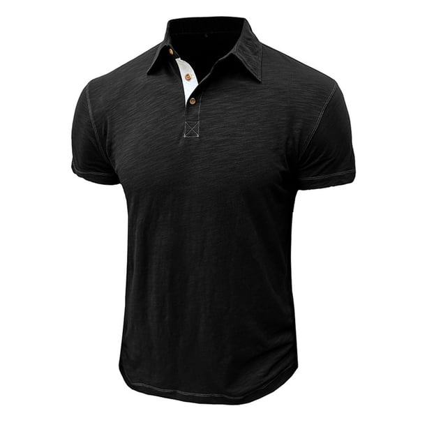 Camisas Elvqul de Hombre Negro Manga Corta de Color Sólido Botones Algodón Deportivas con Solapa Playa