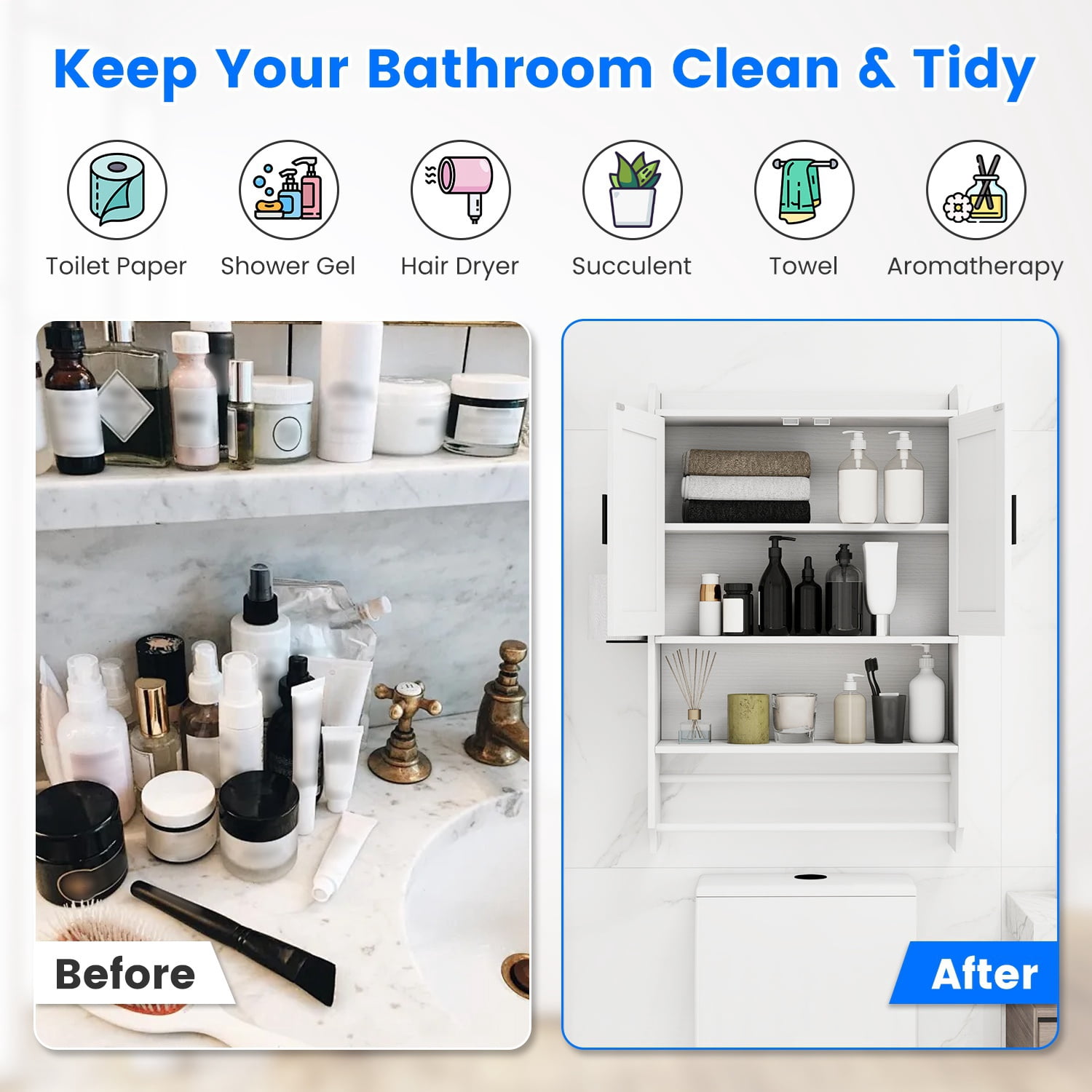 Astoutdoor Wall-Mounted Bathroom Storage Cabinet, Engineered Wood with Adjustable Shelf, Towel Bar, Toilet Paper Holder, Open Shelf, White