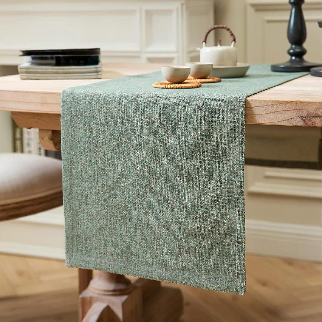 Burlap Style Farmhouse Table Runners 60 Inches Long, Green Rustic Woven Dining Table Runner for