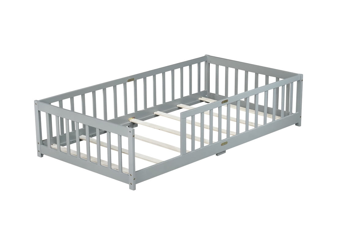 Bellemave Twin Size Floor Beds, Wood Montessori Bed with Fence Railings & Support Slats, No Box Spring Needed (Gray）
